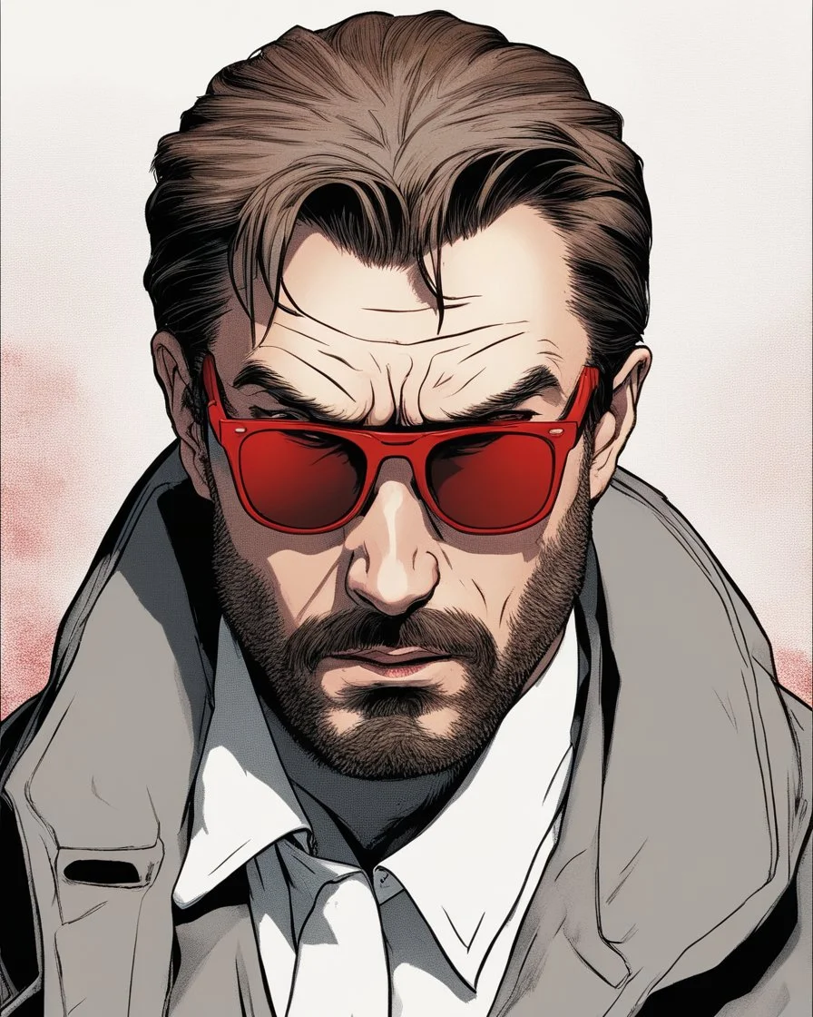 a young man with big muscles who looks like hans gruber wearing a heavy coat and red sunglasses staring with an irritated look on his face