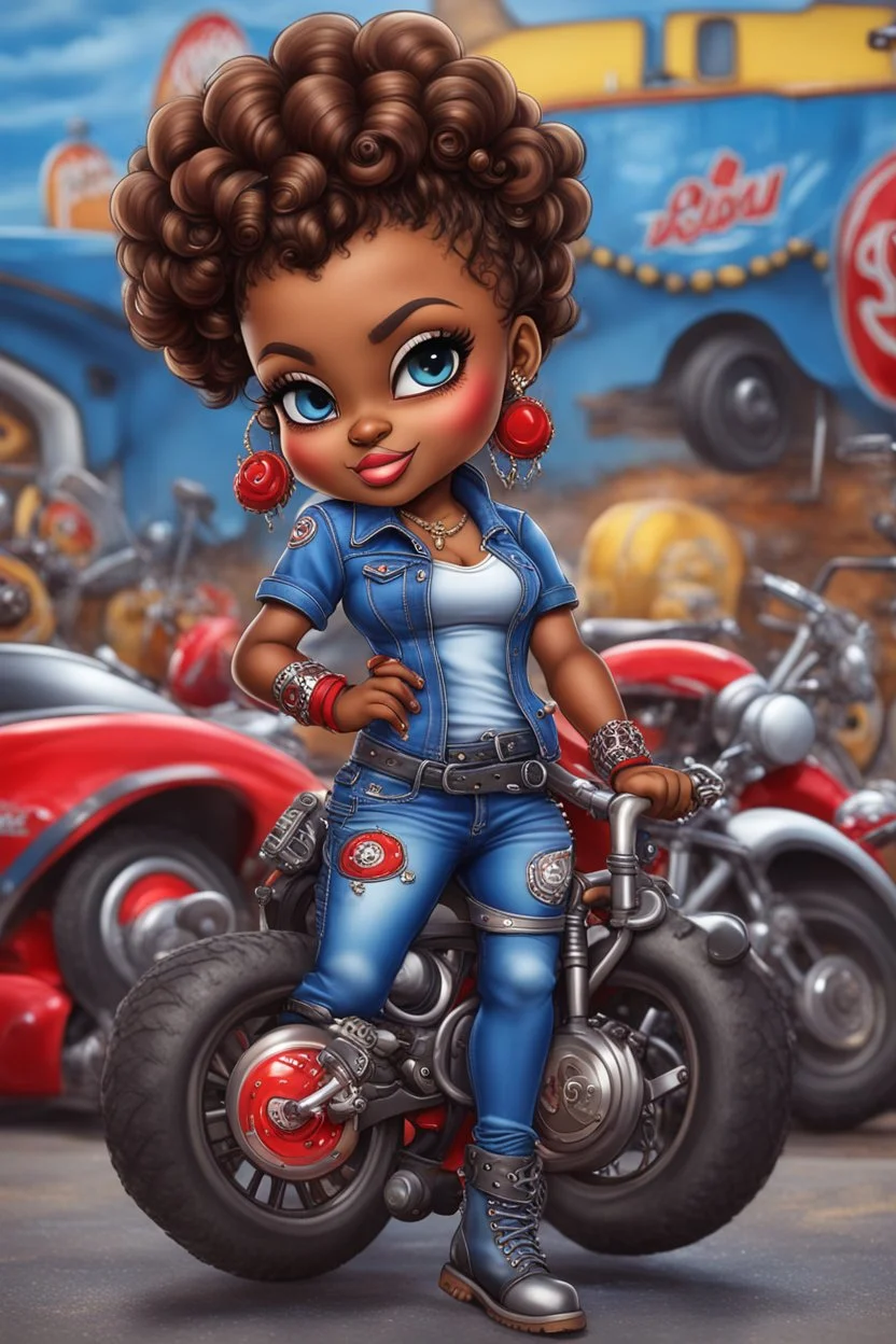 airbrush illustration of the chibi cartoon character, a voluptuous black female in a blue jean outfit with biker boots. Her prominent makeup and hazel eyes, along with her detailed red bantu knots, are featured in this image, set against the background of a lively bike show.