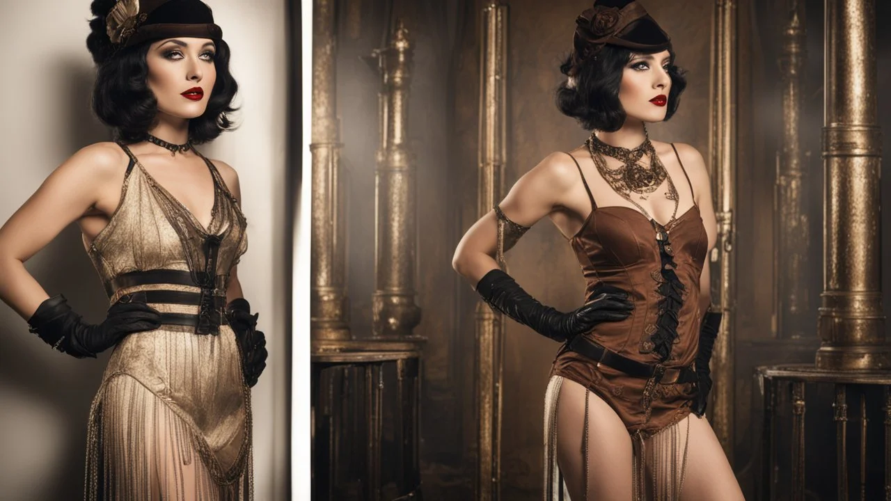 Full Body, burlesque dancer looking to the right, With A Bob With A Fringe Hairstyle, 1920s clothing, Steampunk,