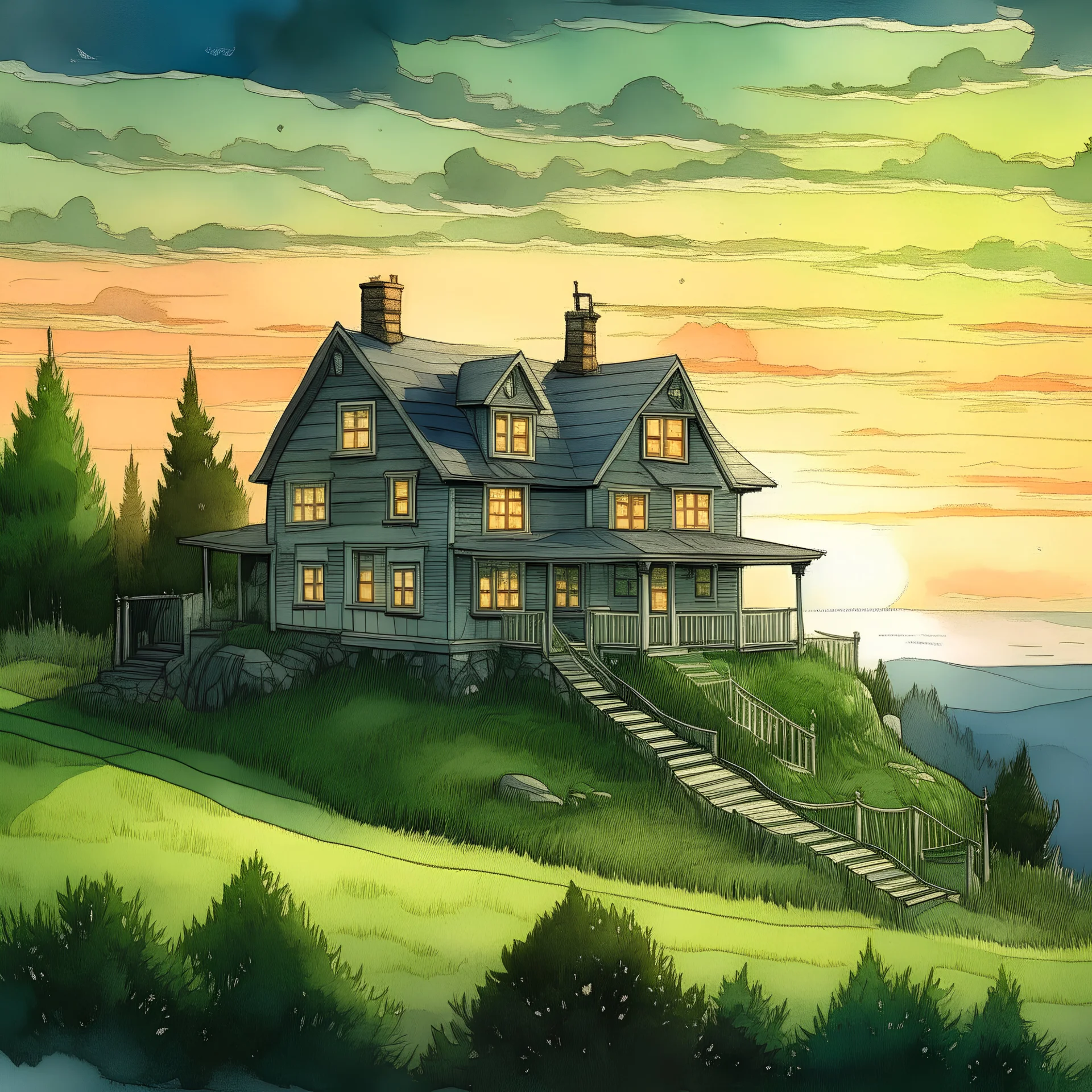 casa en una ladera del sur de Canadá al anochecer estrellado con estilo pintado a lapiz