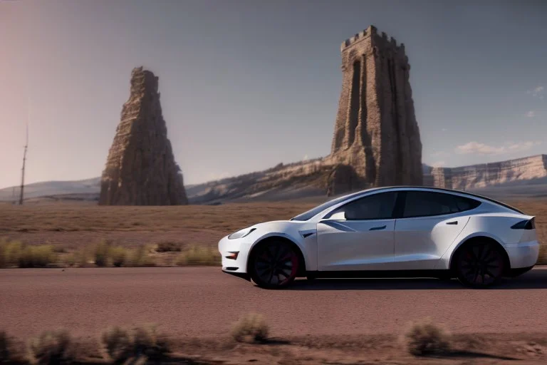 A Tesla 'Model Y' is going at a high speed, near the 'Devils Tower' in Wyoming. (CINEMATIC, WIDE ANGLE LENS, PHOTO REAL)