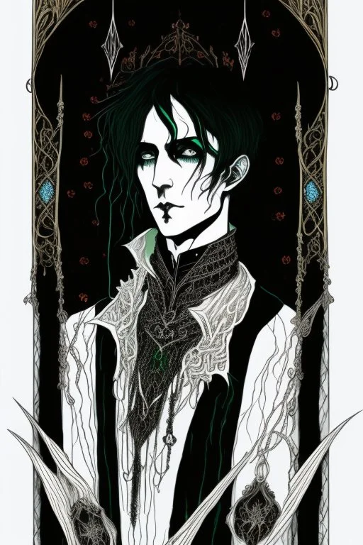 black haired young man necromancer wizard with gothic jewelry in the style of Harry Clarke