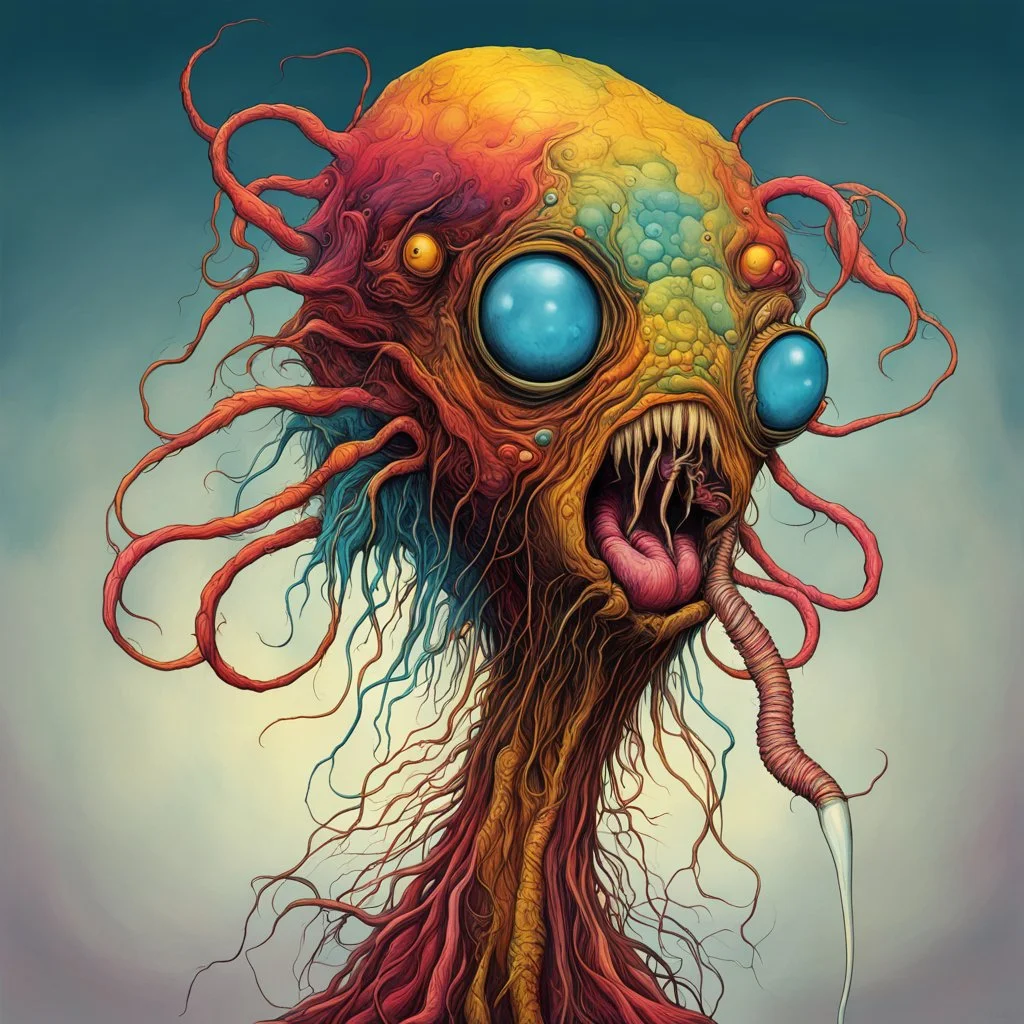 Treacle flea worm fuzzy, surreal horror art, by Salvador Dali, by Tomasz Setowski, by Alex Pardee, stylish, vivid colors, asymmetric, expansive, surreal