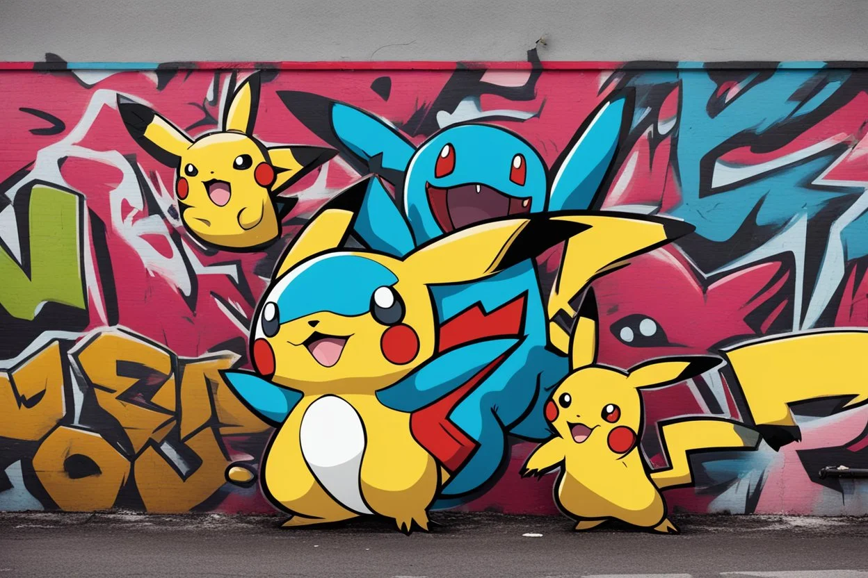 a graffiti mural wall with the word cell pokemon style