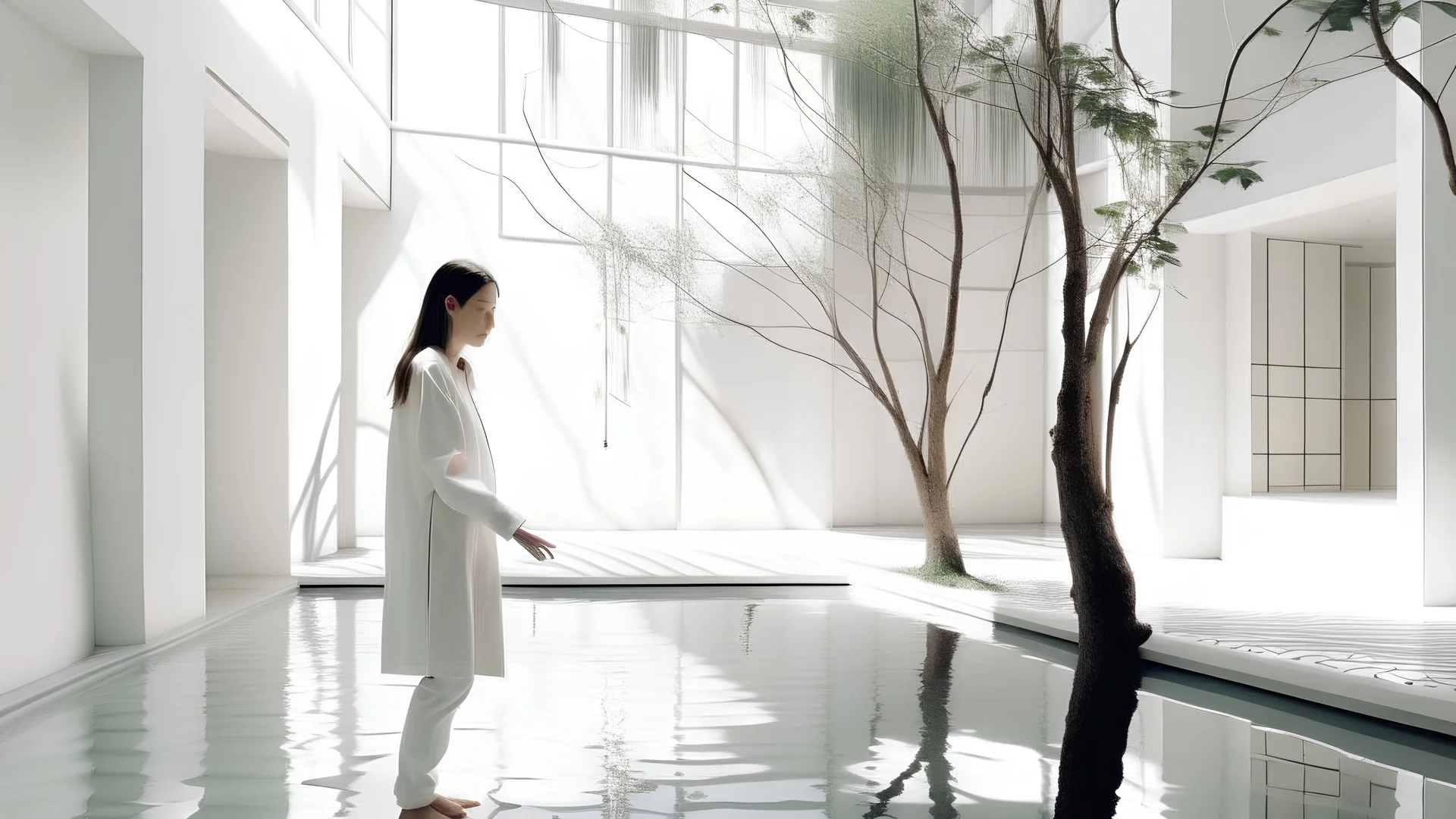 Woman in the foreground dressed in white in a bright white minimalist interior courtyard where the murmur of water whispers and the shadows of some leaves of nearby plants sway