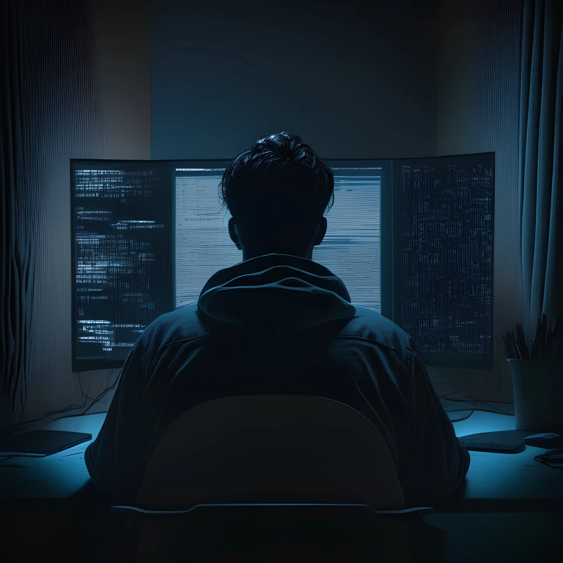 an super realistic style of computer geek sitting in front of a power computer screen in a tidy and modern dark room. don't show face, view from back, high quality, super realistic, man, don't show face. screen showing "Google log" in the middle