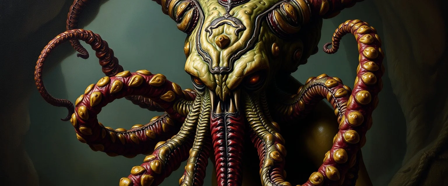 en ond, psionisk humanoid skapning fra Dungeons & Dragons-universet, berømt for sitt blekksprut-lignende hode med tentakler som de bruker til å spise hjerner og dominere andre vesener med tankekraft, og de regjerer ofte i underjordiske byer i Underdark. De er en slags alien-lignende rase som ser på seg selv som overlegne og bruker andre som slaver. , painted by Rembrandt