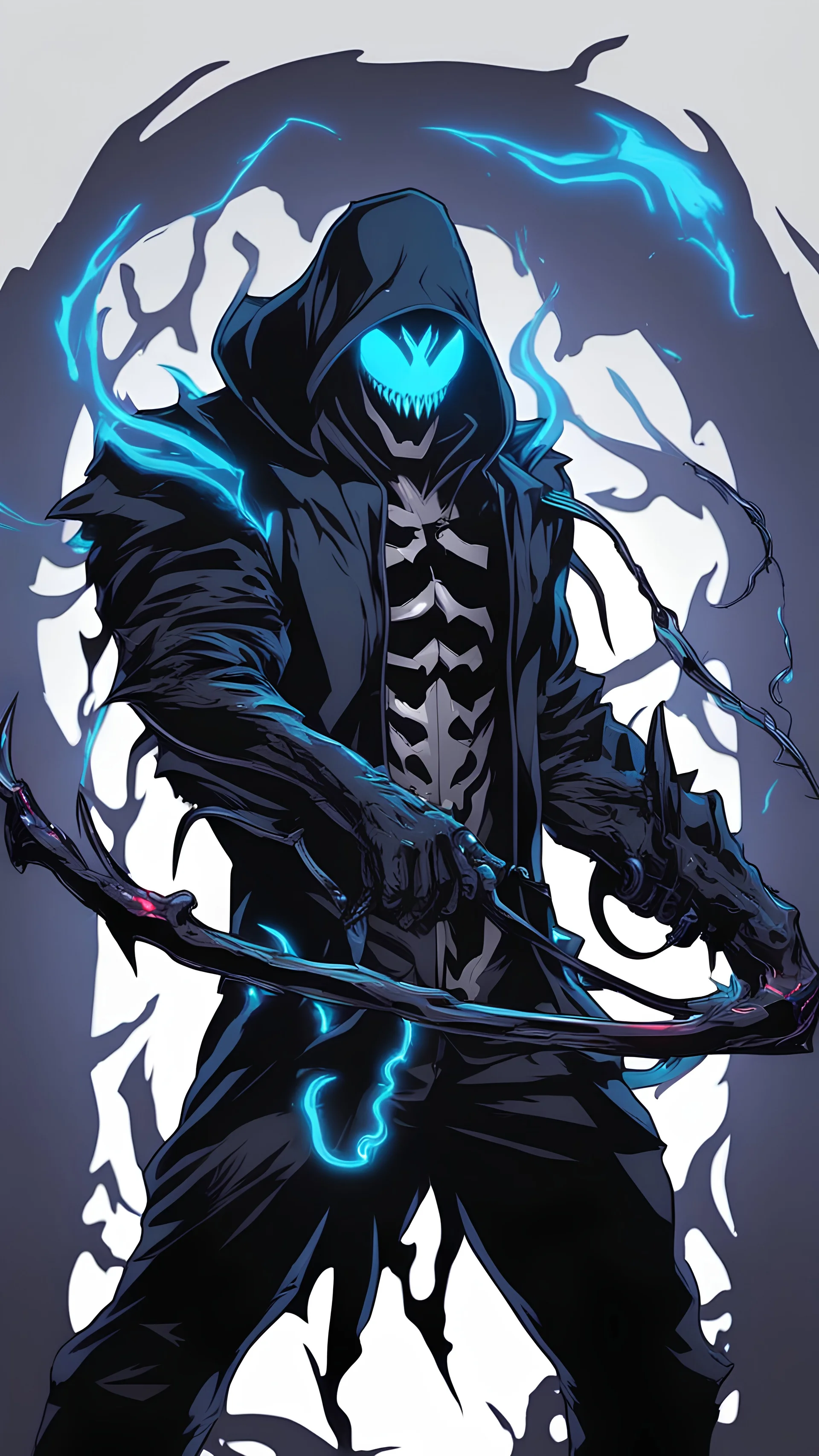 Mix between venom symbiote and Reaper in solo leveling shadow style with neon glowing blue