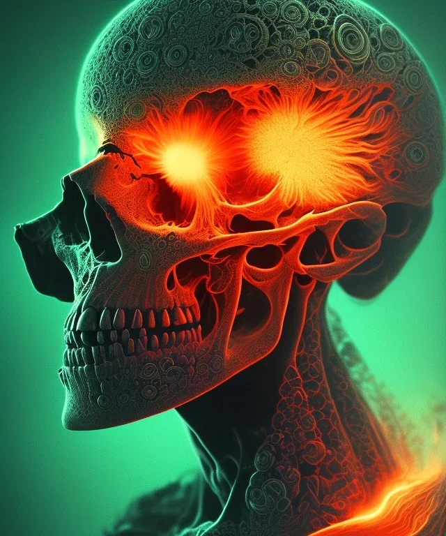 broken skull. black background. smoke and explode. particles in air. teal and orange. abstract. beksinski.