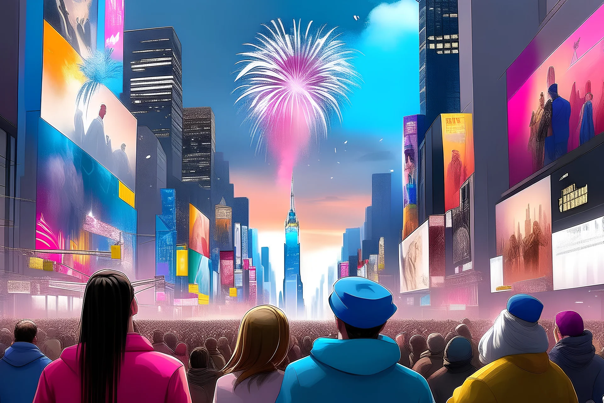 people looking up watching the ball come down in an eerie Times Square, a beautiful magical glowing sky, oil paint and art splashed, colorful, holiday and looking across the ocean towards Times Square in New York the text "HAPPY NEW YEAR NEW USA 2024"