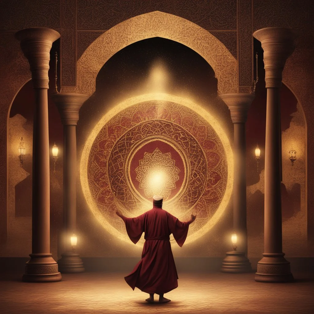 Hyper Realistic Sufi Whirling with Golden, Maroon & Brown Islamic Sufi Rustic Grungy Background with Islamic Architecture at night with lamps