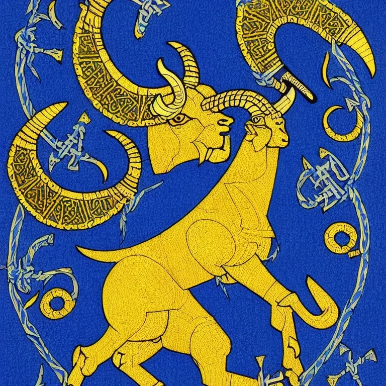 Book of Kells carpet page in blue and yellow colors, picture of a bighorn ram in armor and holding a football, a highly detailed illustration, realistic render, 8 k, micro detail, intricate, elegant, centered, digital painting, Artstation, smooth, sharp focus, illustration, artgerm