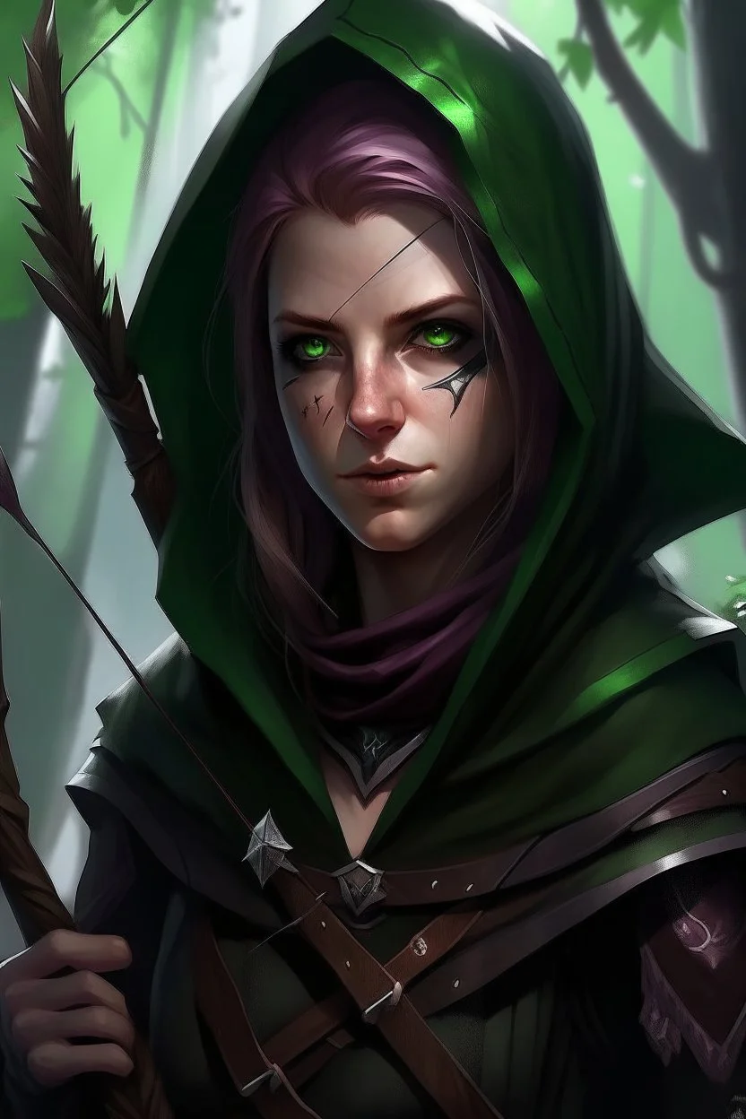 35 year old rogue elf, thief assassin, messy Mauve hair, sparkling green eyes, glowing brown skin, black hood, black leather, messy, disheveled, trees, sneaky, bow and arrows, tall, skinny, friendly, stoner