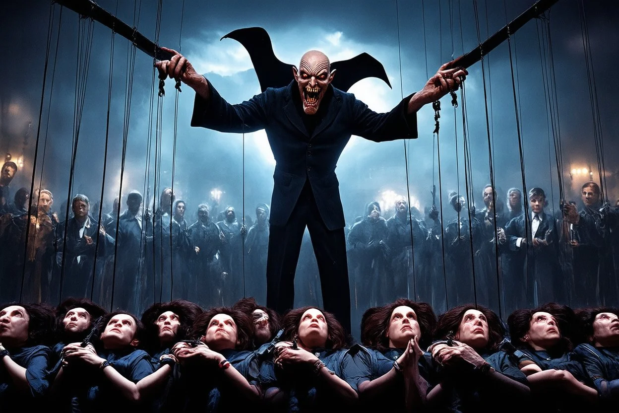 an evil government looms above, wielding marionettes below as the news media broadcasts their suffering in the background, dystopian, dread, horror