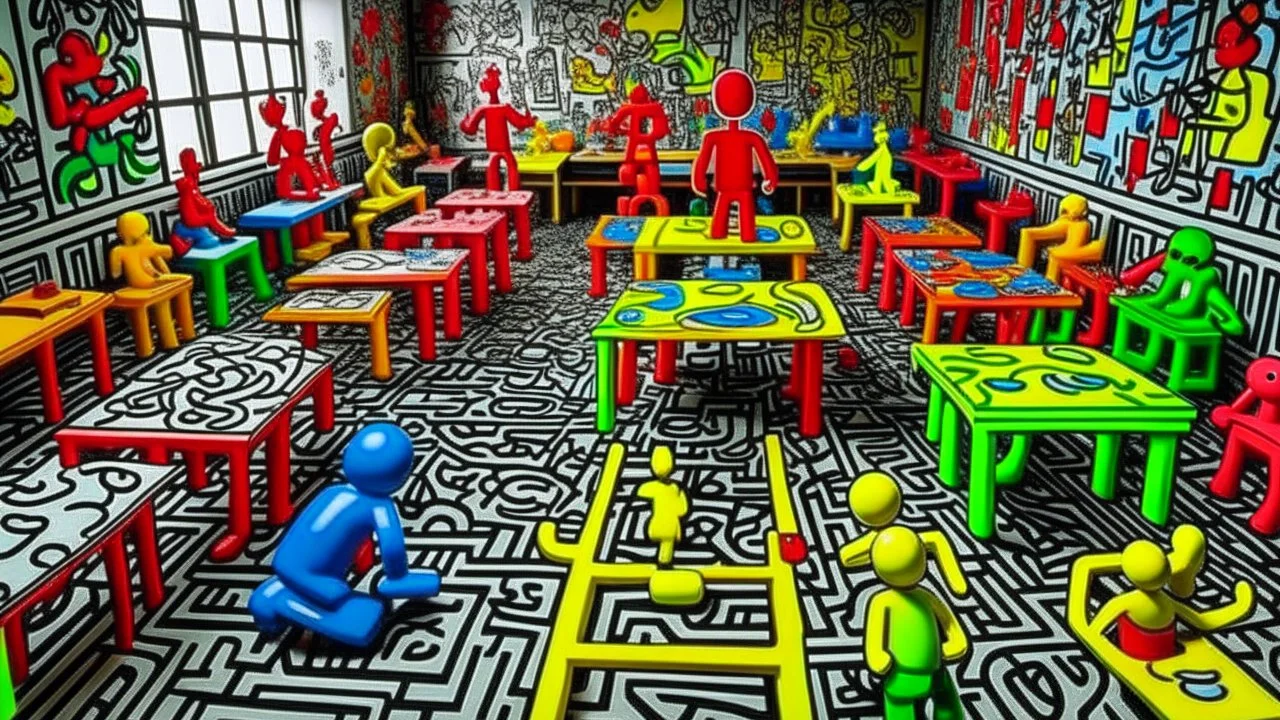 A factory filled with toys and instruments painted by Keith Haring