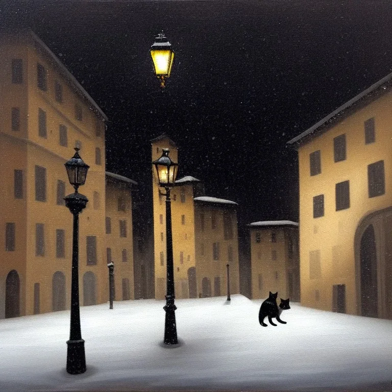 Old oil painting of a very dark square in Florence in a stormy night. A cathedral dome in the background. A streetlight. Snow is covering the pavement. A black cat is sitting in the snow.