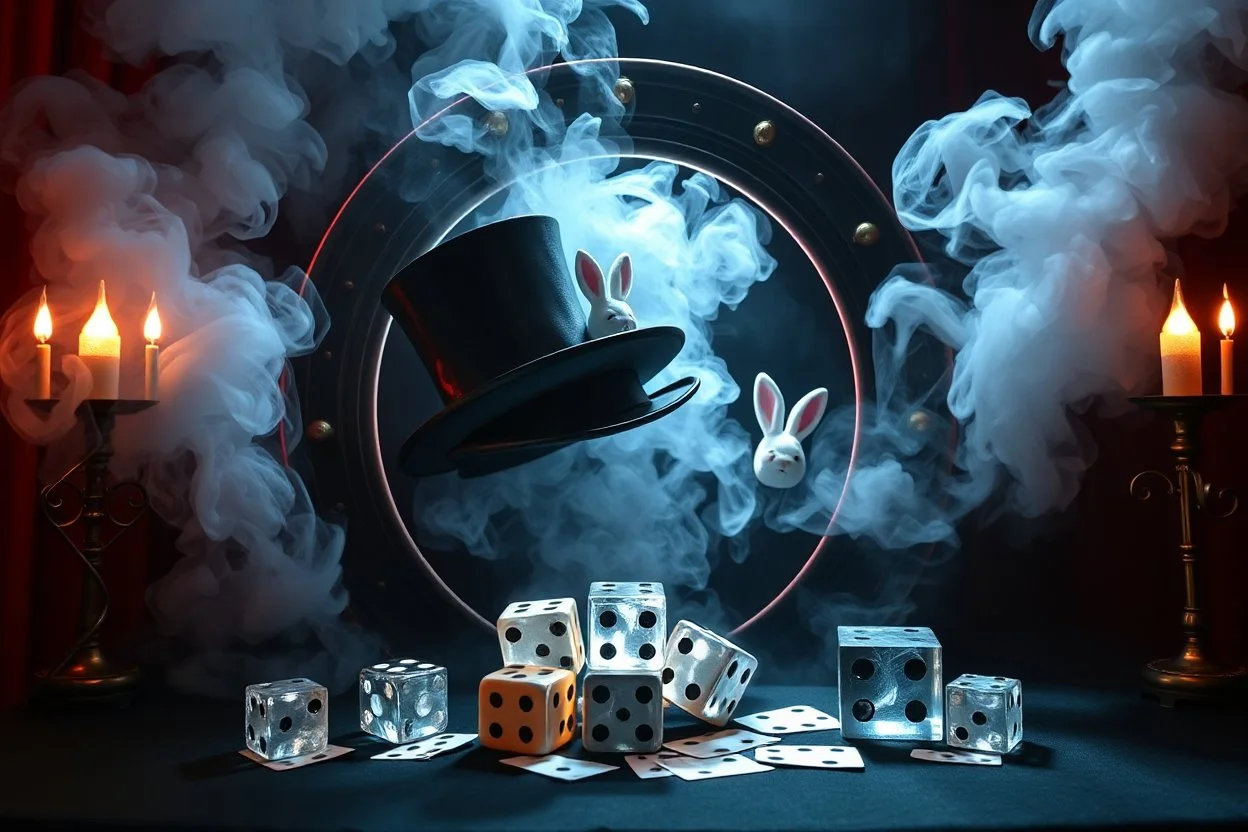 ai magic show presentation wow effect smoke bunnies awesome awesome magician with scary hat on portal awake within a dream inside a saw blade Alice in wonderland and cards and big transparent dices