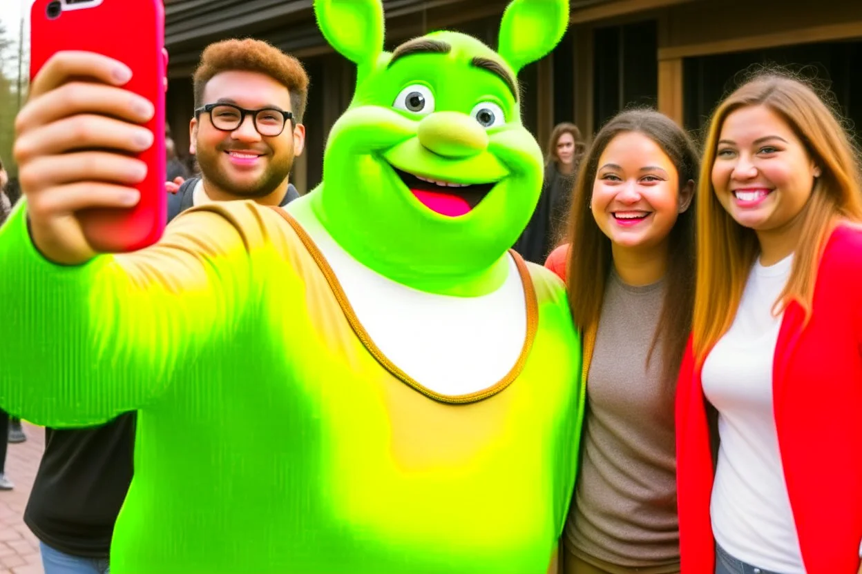 people getting a selfie with the "gingerbread man" from shrek