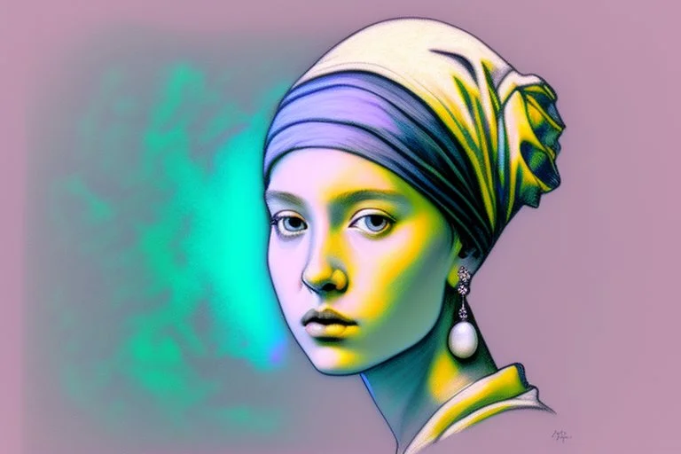 flower cut, girl with pearl earring S<AI in moonlight, shaded pastel and charcoal drawing, bioluminescent, holographic