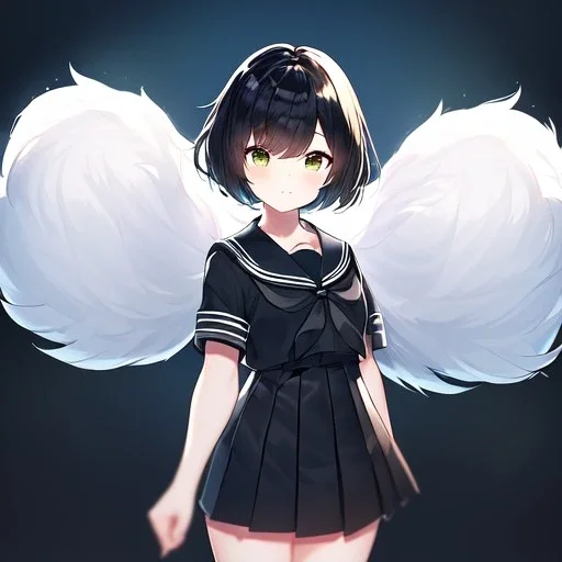 Clear focus, High resolution, fluffy black short hair, dark green eyes, wearing a black sailor uniform and pleated black skirt, fluffy hair, detailed outfit