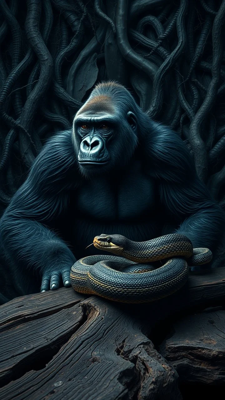 A gorilla in the background of black vein, human veins, mixing together a lot of them, like a forest, big and small veins a lot of them, an army a snake on an old broken wooden table