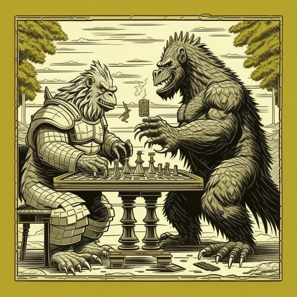 a Godzilla and king kong playing a game of chess