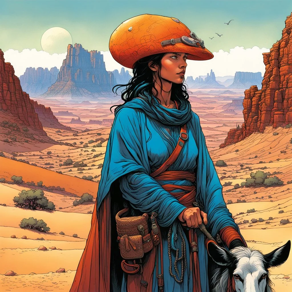 create an portrait of a nomadic shepherdess with highly detailed feminine facial features, inhabiting an ethereal desert canyon land in the comic book style of Jean Giraud Moebius, David Hoskins, and Enki Bilal, precisely drawn, boldly inked, with vibrant colors