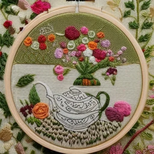 exquisite whimsical teashop in embroidery hoop, intricate, highly detailed, linen and wood backdrop