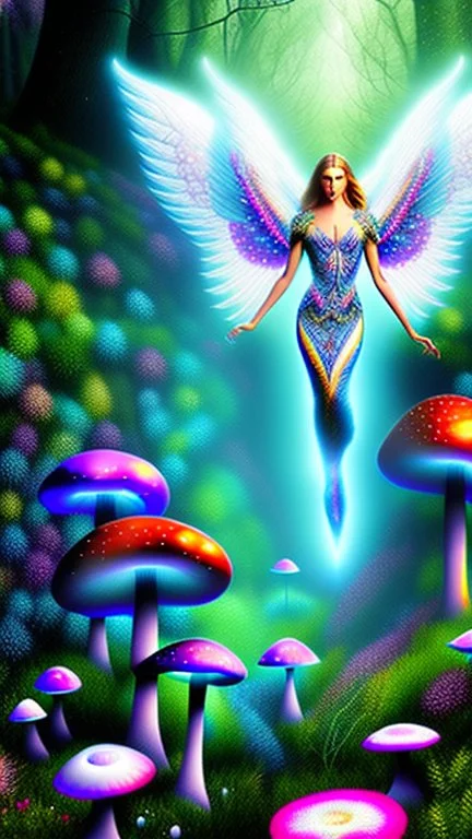 psychedelic angel flying in a magic forest full of coloured mushrooms, fluorescent, ultra detailed, photorealistic