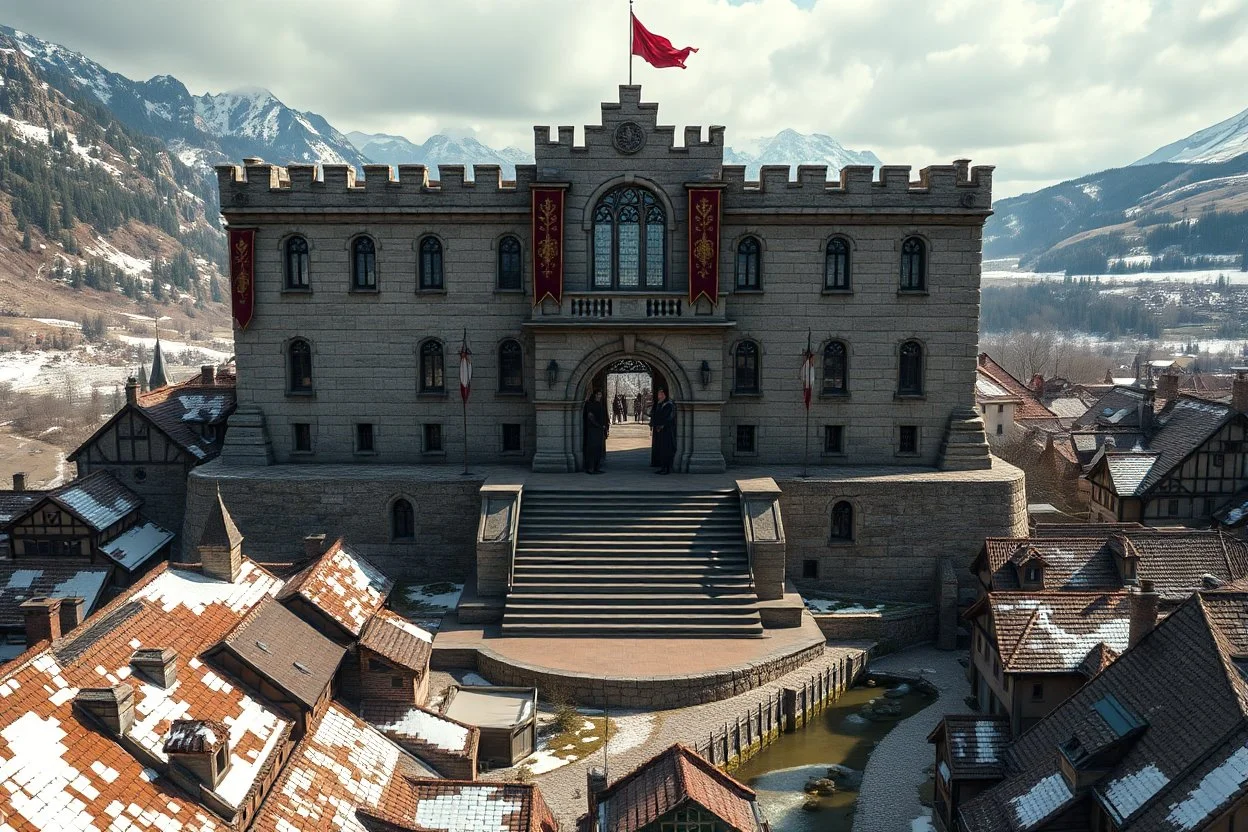 A wide establishing shot of the Royal Delegation, a majestic stone building commanding a hilltop position in medieval Brumalden. Polished granite walls and stained glass windows reflect authority, with royal banners flowing in the mountain breeze. Two figures - Don Alaric and Sergeant Marlow - stand on the grand entrance steps, overlooking the village below. The panoramic view reveals a tapestry of diverse rooftops, winding cobblestone streets, and a snowmelt river threading through the settleme