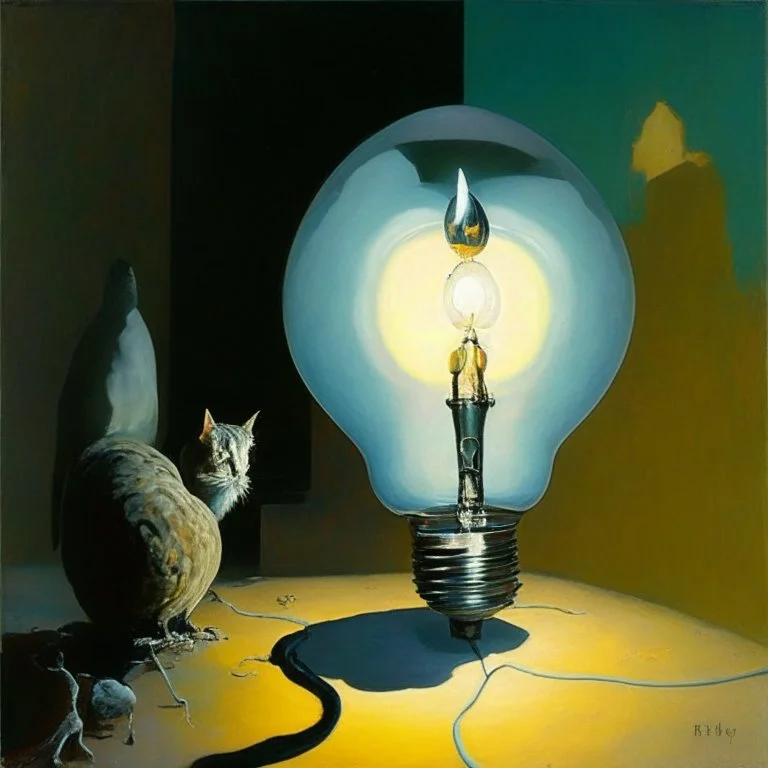 Abstract painting formed by a mix of human flesh-like surgical instruments and universe-like neuralink, a cat looking at a pigeon inside a huge bulb between light and shadow at dusk,surrealism,minimalism,Painting By Adrian Ghenie, Rene Magritte, Salvador Dali, Lucian Freud