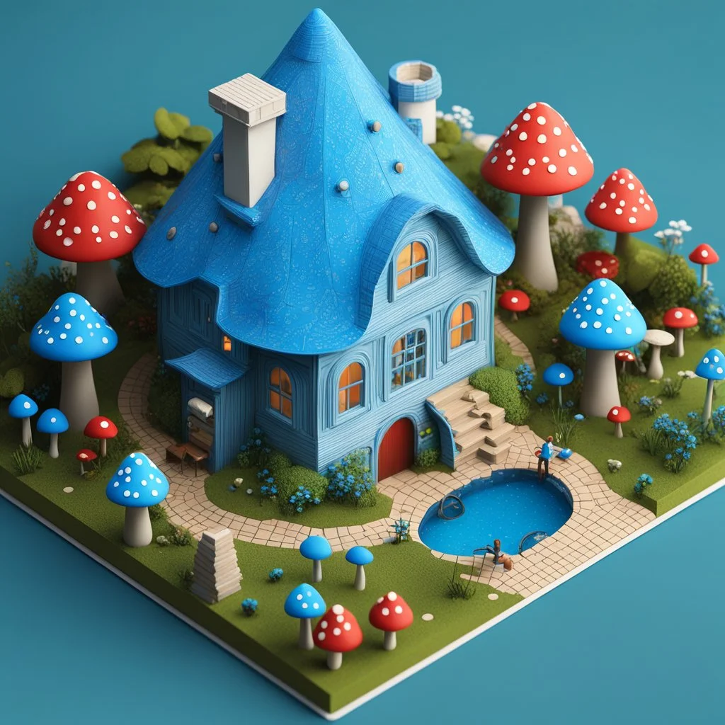 a Detailed Model of diagrams and instructions for creating digital paper houses. A detailed isometric digital illustration. The central focus is a miniature, intricately detailed Miniature Schtroumpfs Smurfs large hollowed-out mushroom style house with gloomy mushrooms outside