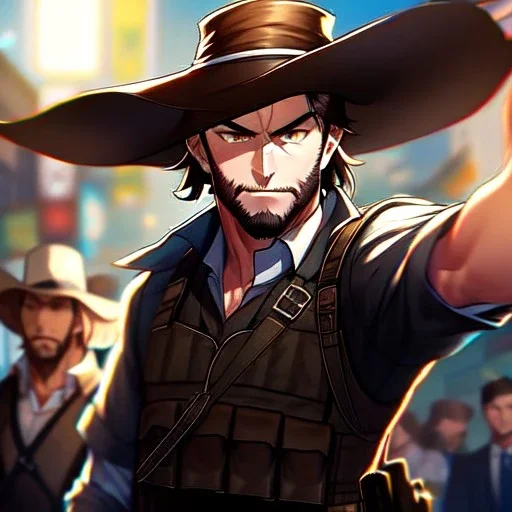 Clear Focus High resolution, Bearded, gunslinger, short brown hair, serious eyes,, serious