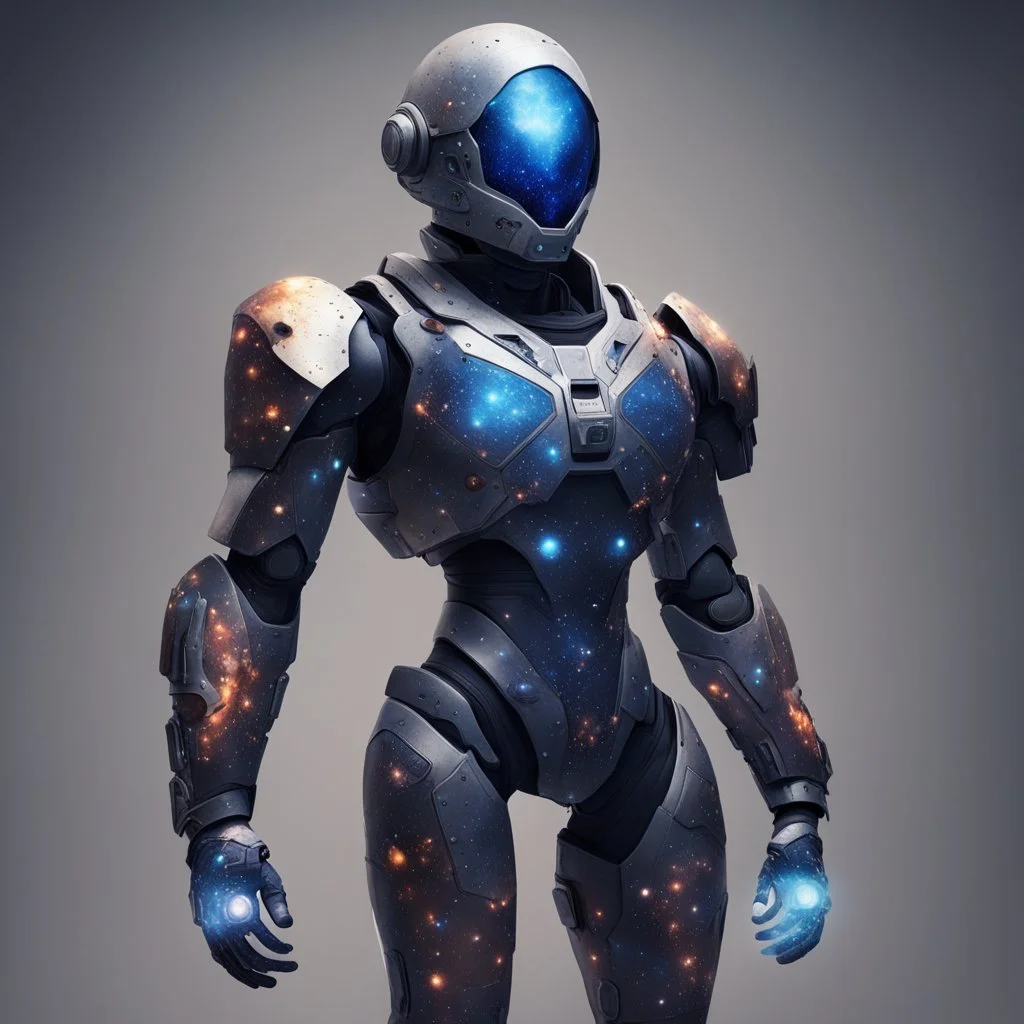 A battle suit made of galaxies and stars with a glove that has seven endless stones