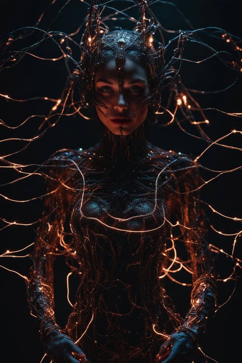 Demon girl, fullbody, creepy, horrifying, sinister, many wires connected to the head lumen lighting, led lights, sparks around her, sparks cybernetic, intricate, 8k, macro photography,