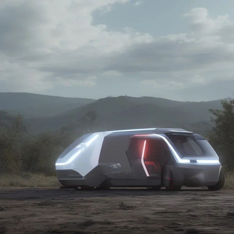 An electric recreational vehicle, an autonomous concept vehicle, which turns from a vehicle into a small house