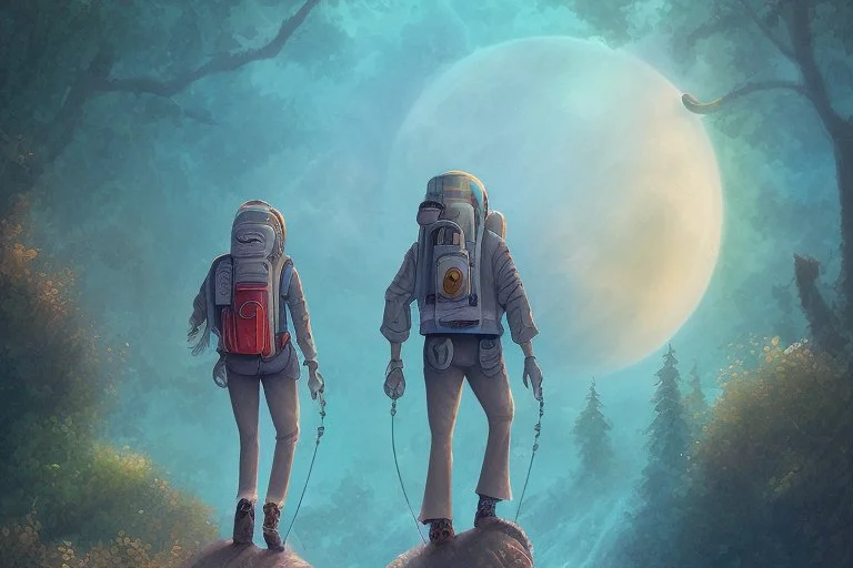 illustration concept art water color style for teenagers in other planet watching the moon and mountains having adventure two teenagers are walking mystery weird cretures mushroomsexiting