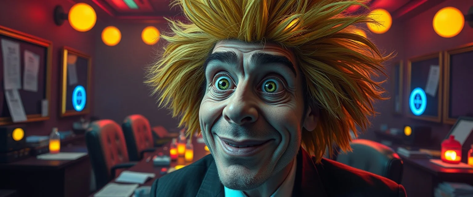high class realism,, A really close up portrait of one person individually mutated with hairy wigs glowing, messed up uranium creatures in a dimly lit boardroom, with playful expression. The room is filled with scattered papers, glowing vials, and miniature nuclear reactors. Style: whimsical digital illustration, cinematic lighting, colorful
