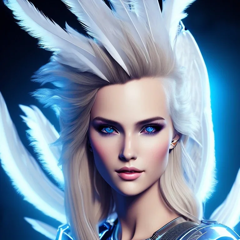 A beautiful portrait of a cute smiling cyberpunk woman with wings, long blond haire, high key lighting, volumetric light high details with white stripes and feathers and blue celtic paterns and luminous glasses in a starry background