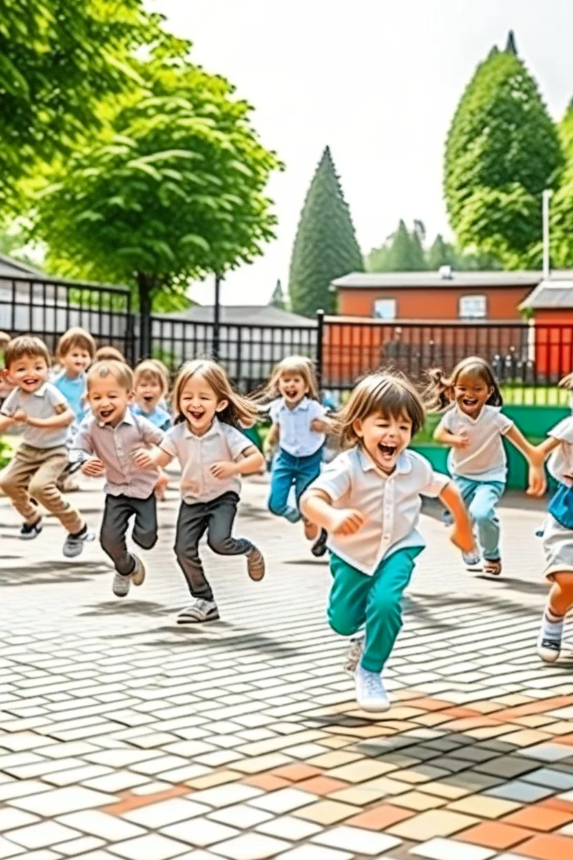 Happy Schoolchildren playing in school yard with teachers