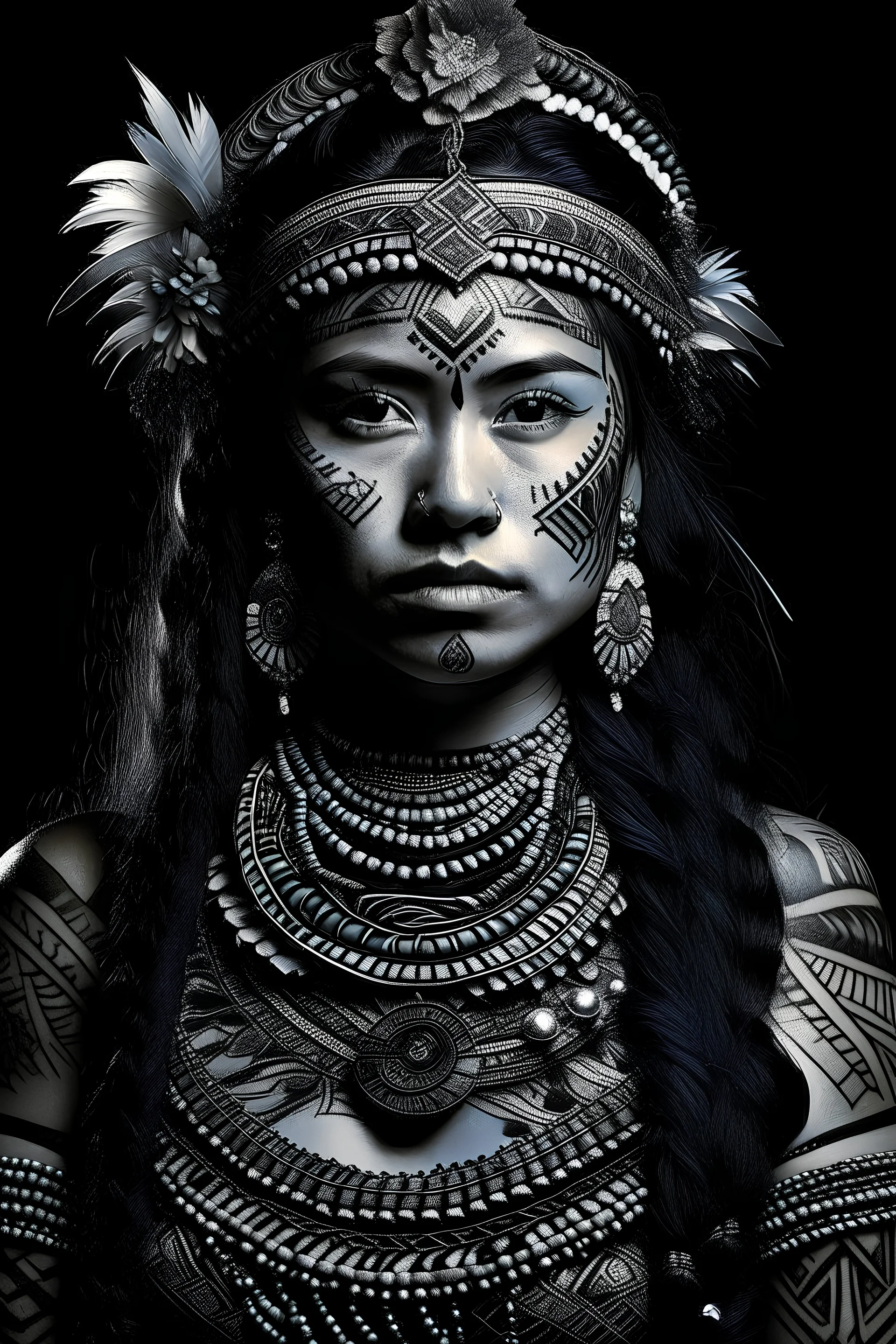 Beautifull black Samoan native tribal technoreaism t young lady portrait, adorned with techno realism voidcore shamanism tribal Samoan headdress and face tattoo and body tattoo ribbed Samoan tribal aboriginal headdress, and black floral headress, wearing voidcore techno realism silver filigree patinated tribal Samoa tribal ornated beads and floral clothing armour Samoan half face masque organic bio spinal ribbed techno realism background by the blurred bokeh techno realism Samoan bachround in th