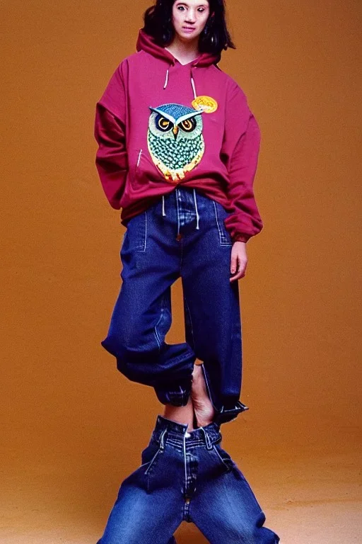 year 1996 denim fashion. Loose fit, "combat pants" with low waist, baggy, Combat pants, t-shirt and street style hoodie. Colors: denim blue, blue, purple, khaki, light green, lilac, plum, orange, terracotta, red, pink, dark blue, beige. Women models. Patterns: owl, Sturnus vulgaris pattern prints.Jennifer Lopez, Gwyneth Paltrow, . Big tennis shoes on. Cargo pants.