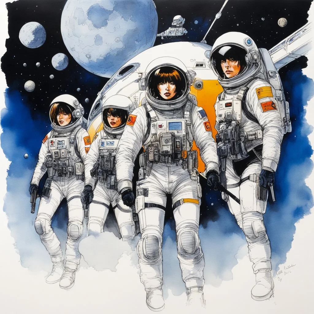 [art by Ralph Steadman] Masamune Shirow style: three agents of criminal minds FBI team, on a scene crime in spacesuits in the space station (women and men) ink and aquarelle drawing