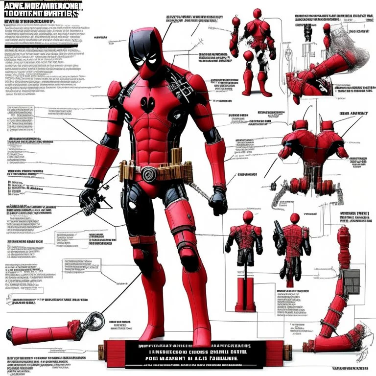 Plastic action figure of Deadpool technical schematic, pivot joint, rotational arrows, "how it works" engineering schemata,