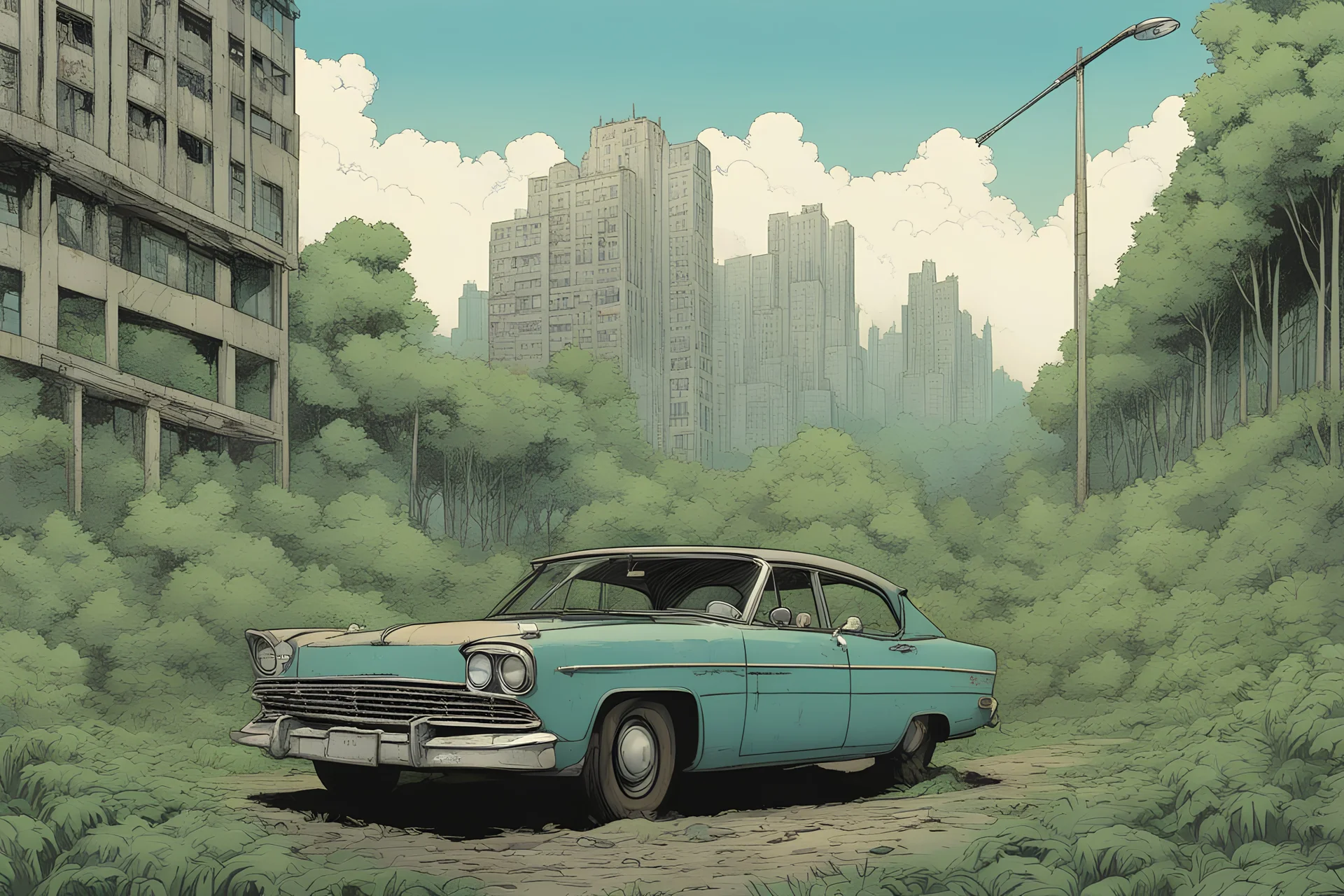 building, car, forest, overgrown apocalyptic city background, comic book,