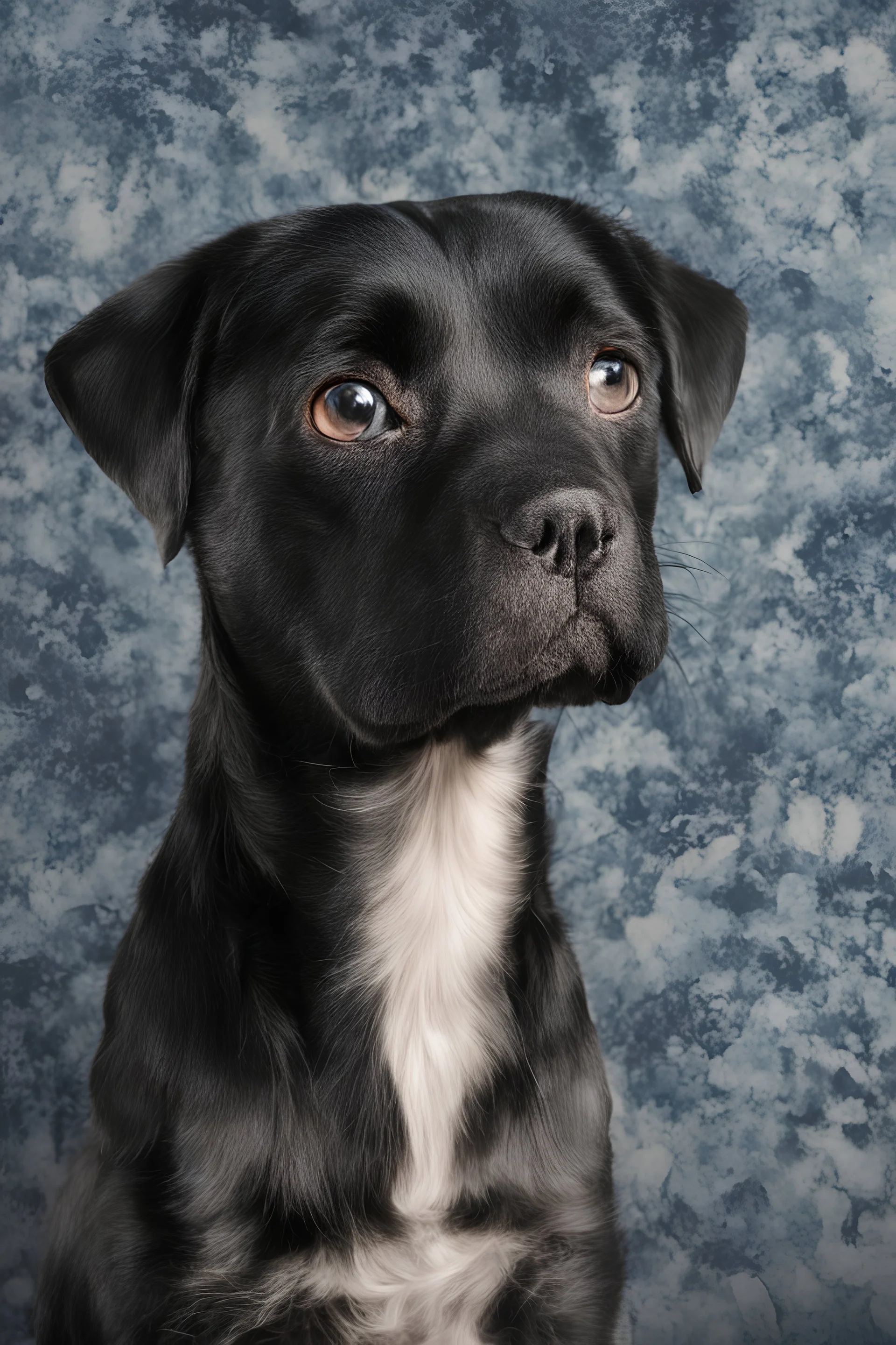 cross-eyed Lucy Hale black labrador retriever hybrid, , 4k UHD, photorealistic, ((big, full, plump, pouty lips:1.5)) black hair, big cat-eye eyeglasses, dark blue foggy gradated marble wall background