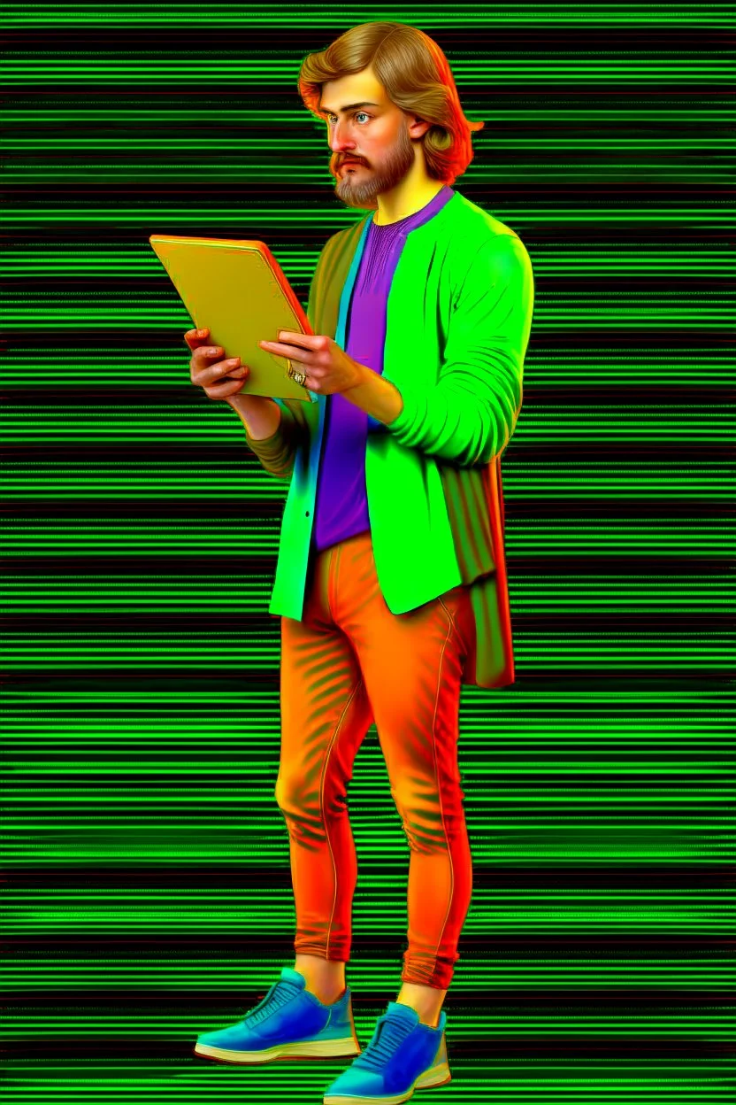 Modern guy, 20s, holding ipad, hand lower, looks like a renaissance painting, facing forward, full body, green