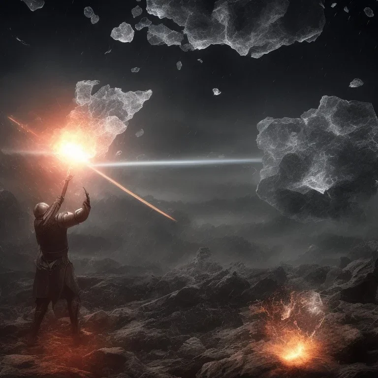 Heavy rain. Epic Lighting in the night sky. Knight with magic scroll in hand. Falling meteorite from the sky. Meteorite burning in the distance. Dark black mud.