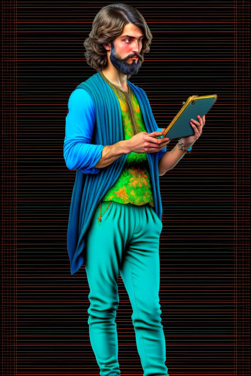 Modern guy, 20s, holding ipad, hand lower, looks like a renaissance painting, facing forward, full body, "Persian green"