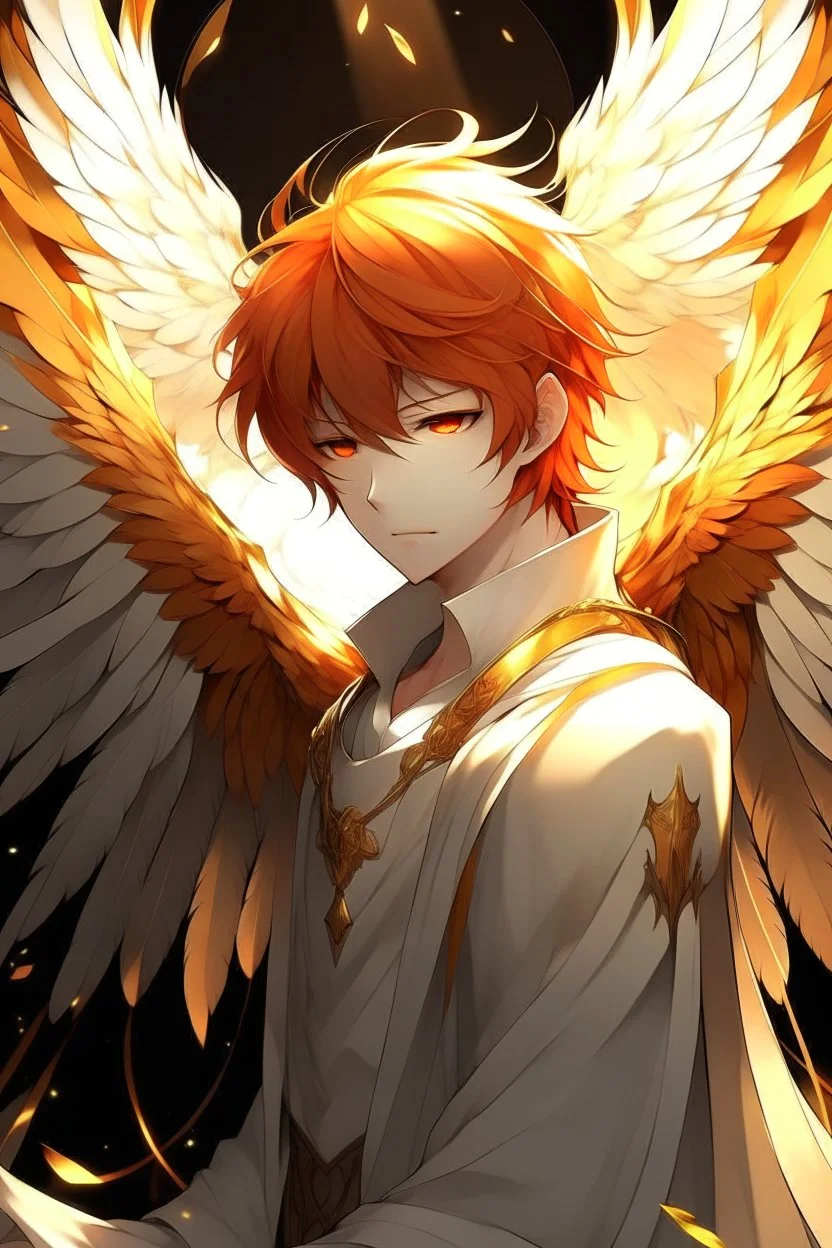 An anime male angel with red hair, gold eyes, and large white feathered wings that appear burned.